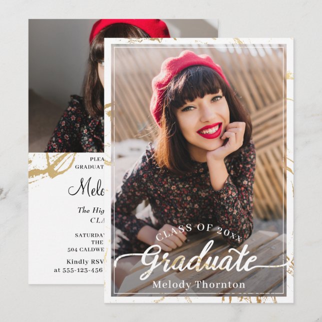 Invitation Marbre Or Blanc 2 Photo Graduation Party (Devant / Derrière)