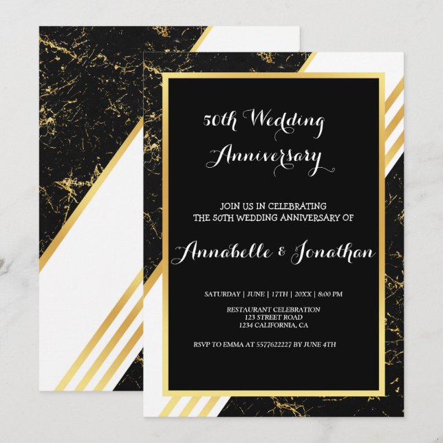 Invitation Marbre or rayures typographie Mariage Anniversaire (Devant / Derrière)