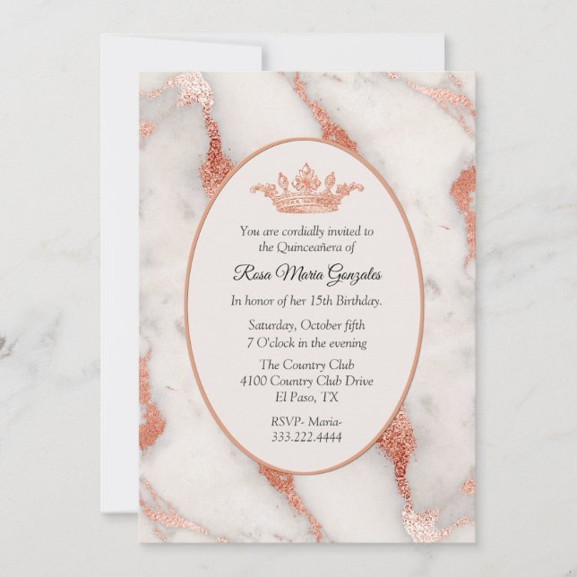 Invitation Marbre or rose et Couronne Quinceañera (Devant)
