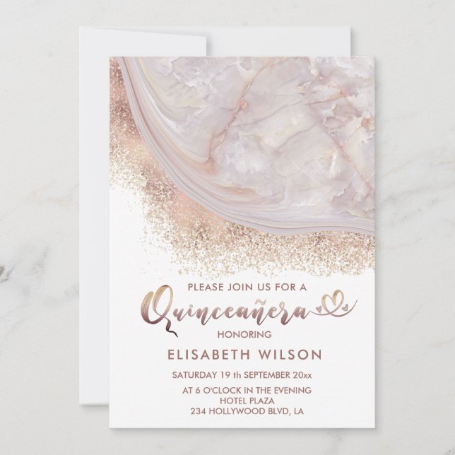 Invitation Marbre or rose perle agate calligraphie (Devant)