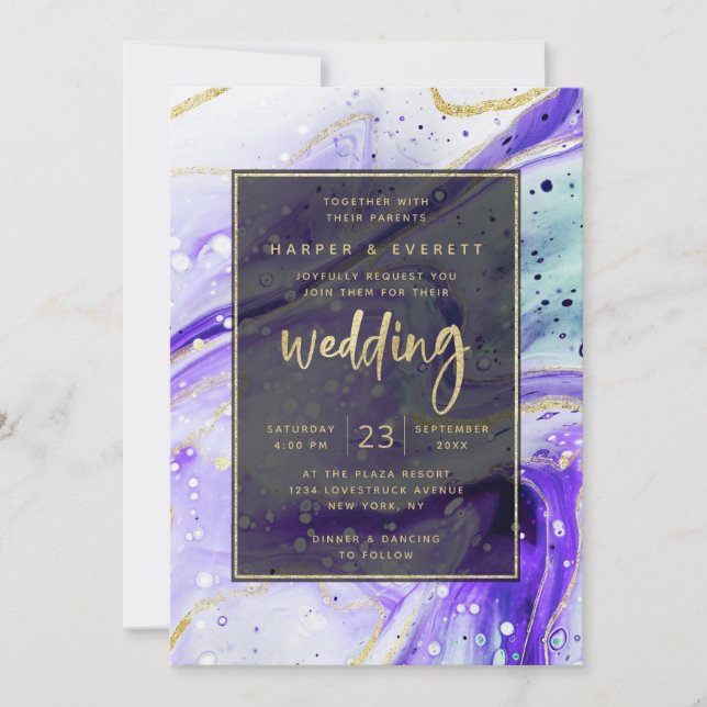 Invitation Marbre pourpre avec feuille d'or Mariage (Devant)