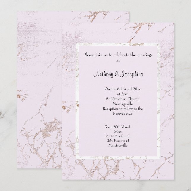 INVITATION MARBRE ROSE DOUX ÉLÉGANT MARIAGE CLASSIQUE (Devant / Derrière)