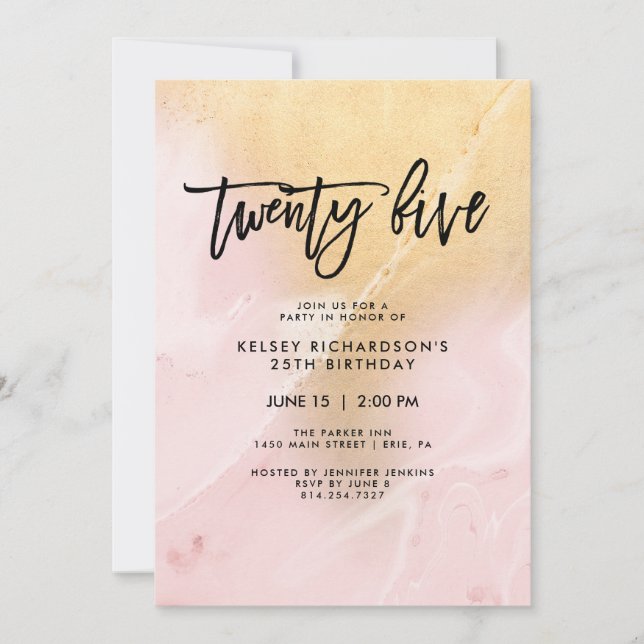 Invitation Marbre rose et or | Fête du 25e anniversaire (Devant)