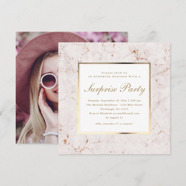 Invitation Marbre rose Faux avec Photo Surprise Party (Devant / Derrière)