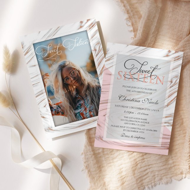 Invitation Marbre Rose Gold Sweet 16 Anniversaire (Créateur téléchargé)