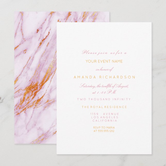 Invitation Marbre rose or fête d'anniversaire Pastel Forma Bl (Devant / Derrière)