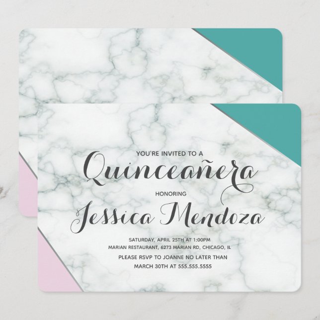 Invitation Marbre rose Turquoise moderne Quinceañera Sweet 15 (Devant / Derrière)