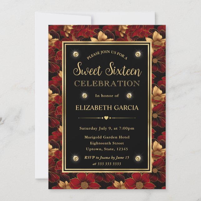 Invitation Marbre rouge noir et or Sweet sixteen floral (Devant)