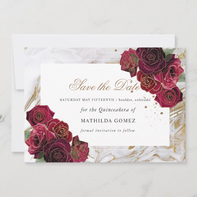 Invitation Marbre Rouge Roses Quinceañera enregistrer la date (Devant)