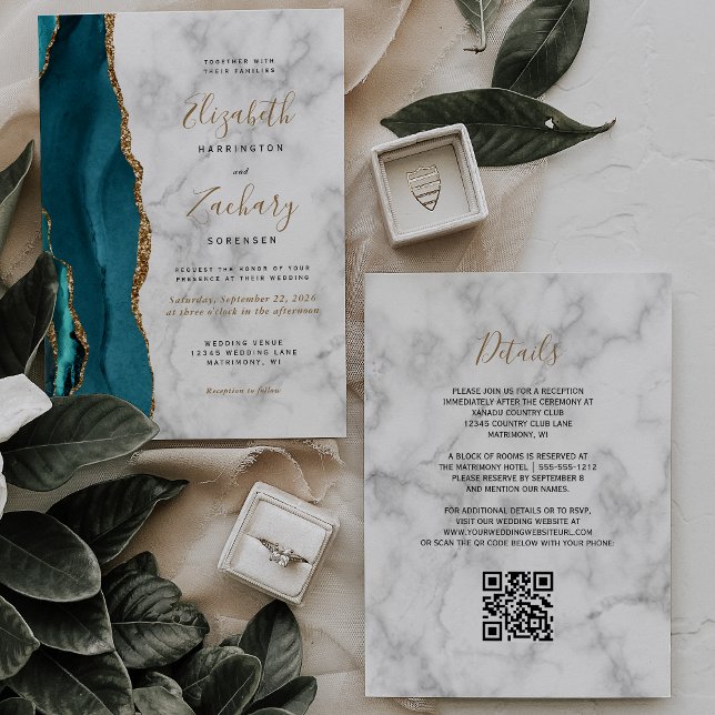 Invitation Marbre Turquoise or Agate QR Code Mariage (Créateur téléchargé)