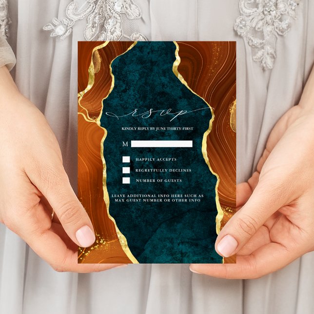 Invitation Marbre turquoise, Orange Brûlé & Or Agate RSVP (Créateur téléchargé)