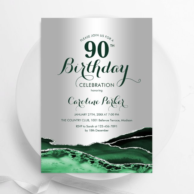 Invitation Marbre vert émeraude argenté 90e anniversaire (Créateur téléchargé)