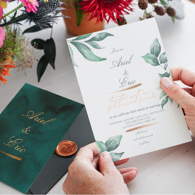 Invitation Marbre vert Emeraude & Mariage d'eucalyptus or (Créateur téléchargé)