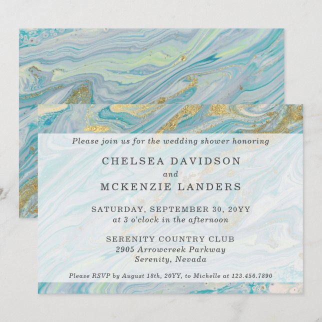 Invitation Marbre Wedding shower Turquoise & Or (Devant / Derrière)