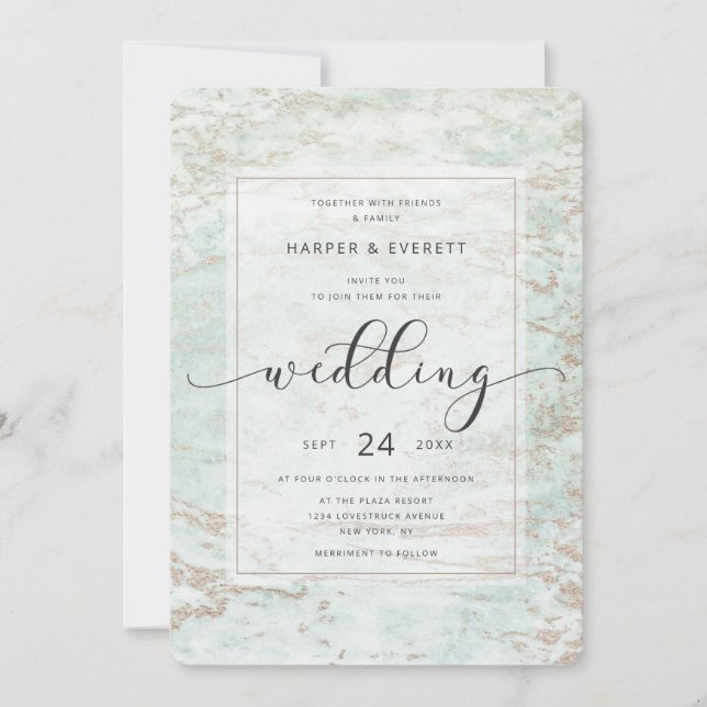 Invitation Marbres modernes en Mint avec Mariage or Rose (Devant)