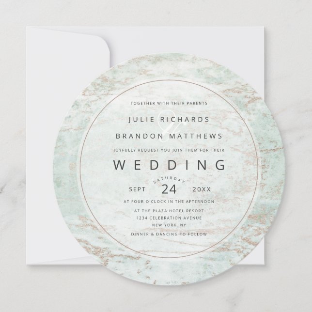 Invitation Marbres modernes en Mint Rose Gold Cercle Mariage (Devant)