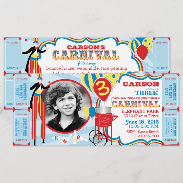 Invitation Marche Carnival Circus Stilt Anniversaire (Devant / Derrière)