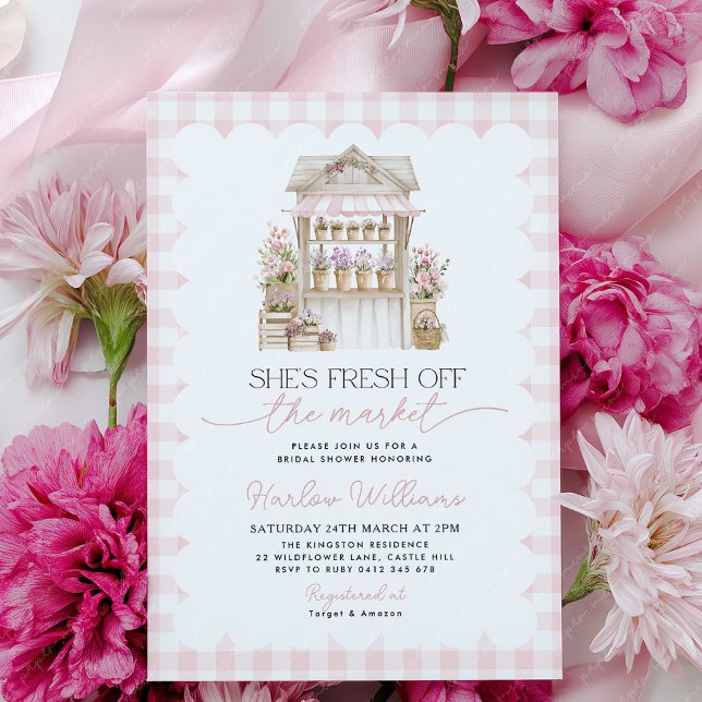 Invitation Marché Fleurs Fraîches de la Mariée Marché  (Pink Gingham Flower Cart Bridal Shower Invitation )