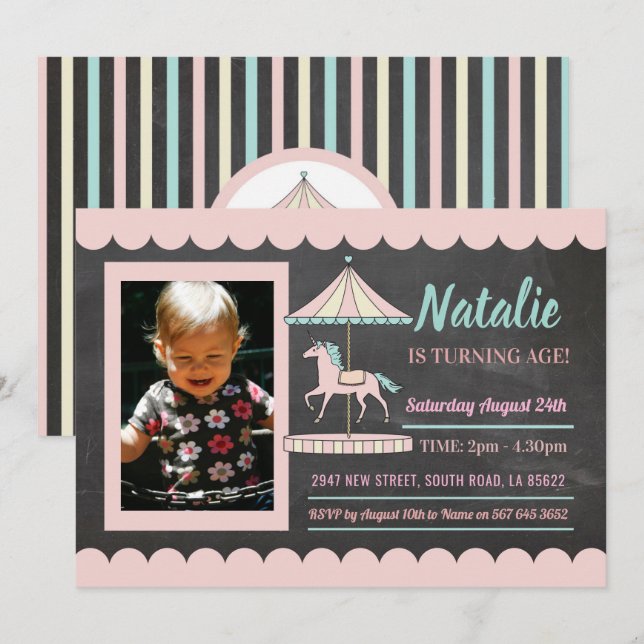 Invitation Marche photo rose pour l'anniversaire du carousel  (Devant / Derrière)