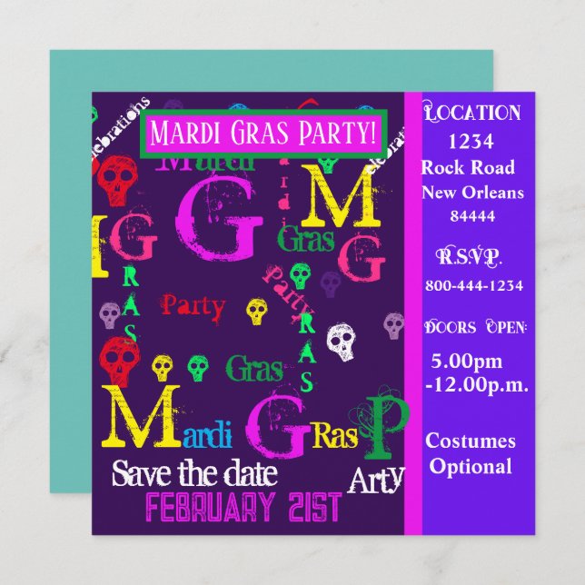 INVITATION MARDI GRAS (Devant / Derrière)