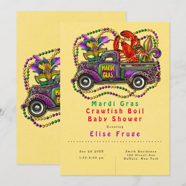 Invitation Mardi Gras Baby shower à ébullition (Devant / Derrière)