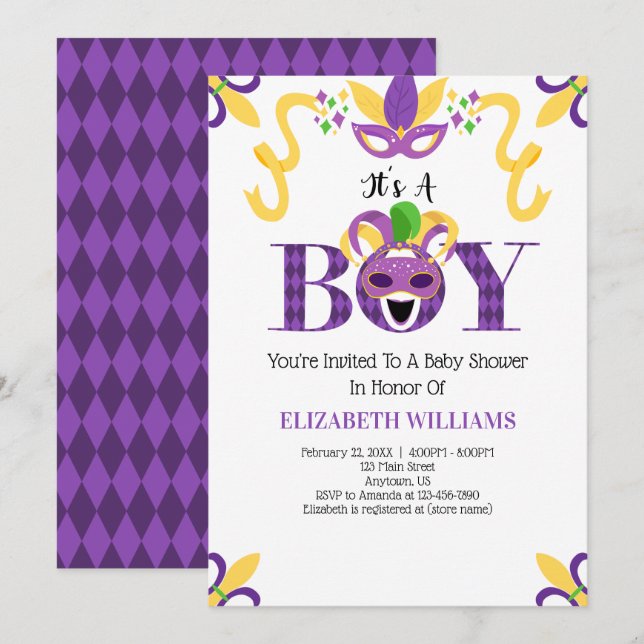 Invitation Mardi Gras Baby shower C'est un garçon (Devant / Derrière)