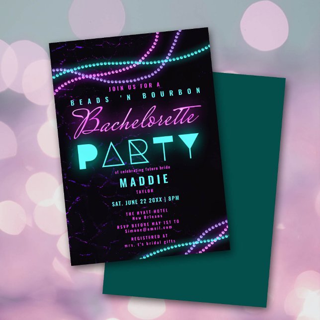 Invitation Mardi Gras Beads Bourbon Neon Bachelorette (Créateur téléchargé)