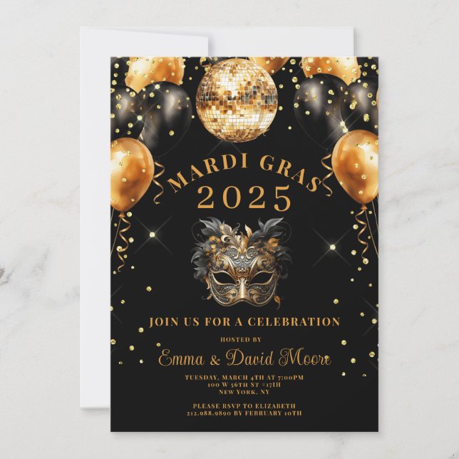 Invitation Mardi Gras Black Gold Parties scintillant Masquera (Devant)
