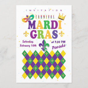Invitation Mardi Gras Carnaval Fleur de Lis Diamant Arlequin