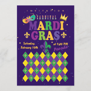 Invitation Mardi Gras Carnaval Fleur de Lis Diamant Arlequin