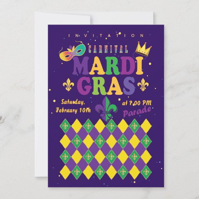 Invitation Mardi Gras Carnaval Fleur de Lys Diamant Arlequin (Devant)