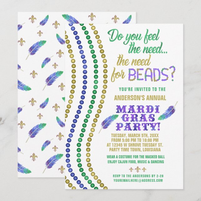 Invitation Mardi Gras Carnival Party Funny Besoin de perles (Devant / Derrière)