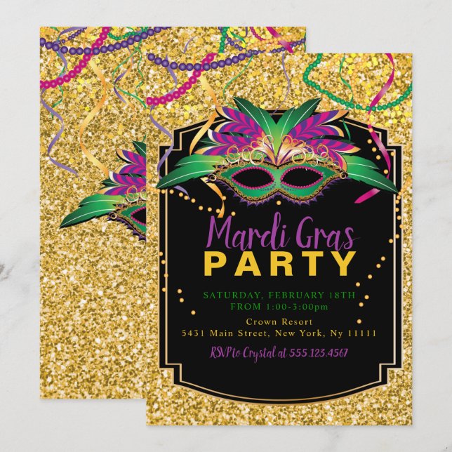 Invitation Mardi gras de parties scintillantes (Devant / Derrière)