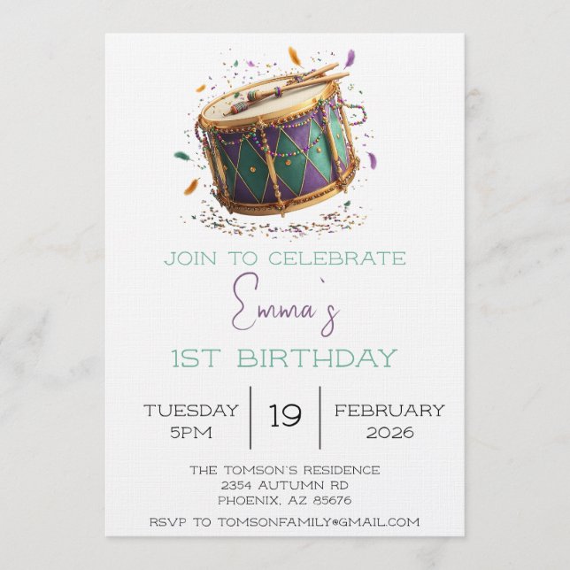 Invitation Mardi Gras Festive Drum Birthday (Devant)
