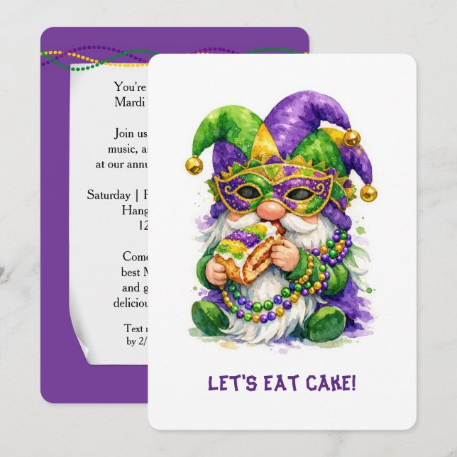Invitation Mardi Gras Gnome Eating King Cake (Devant / Derrière)