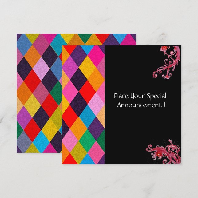 Invitation MARDI GRAS HARLEQUIN MOTIF coloré Rhombi (Devant / Derrière)
