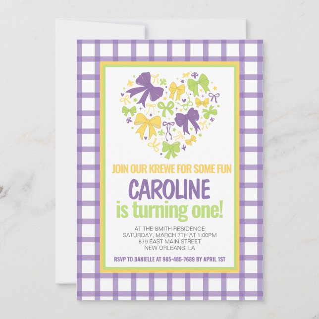Invitation Mardi Gras Krewe Coquette Bow Premier anniversaire (Devant)