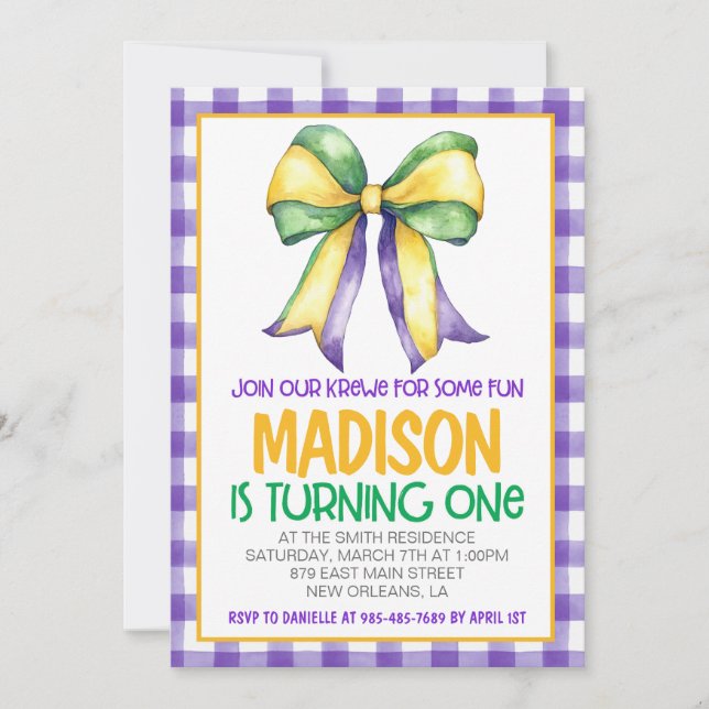 Invitation Mardi Gras Krewe Coquette Bow Premier anniversaire (Devant)
