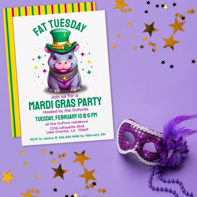 Invitation Mardi Gras Mardi Gras Mardi Hippo avec perles (Créateur téléchargé)