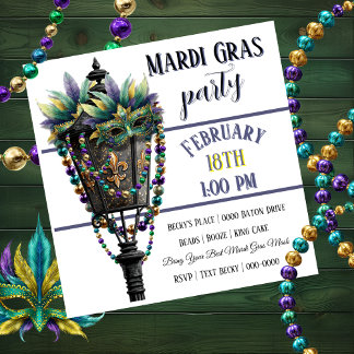 Invitation Mardi Gras Mask and Gas Lamp with Beads