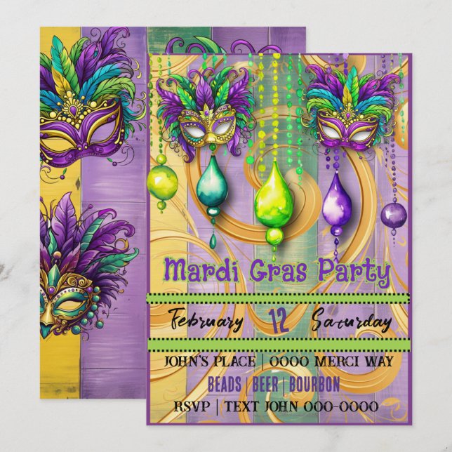 Invitation Mardi Gras Masque et Beads Party (Devant / Derrière)