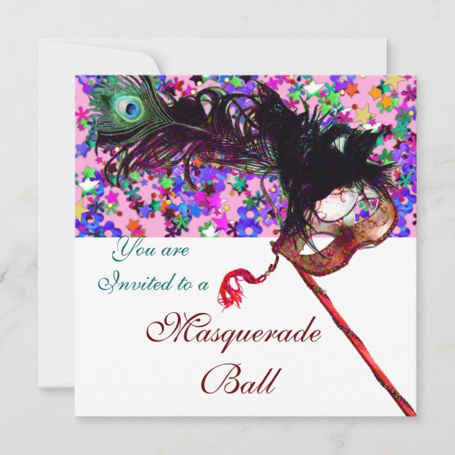 Invitation MARDI GRAS MASQUERADE & CONFETTI blanc violet rose (Devant)