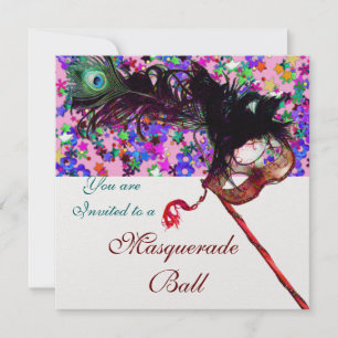 Invitation MARDI GRAS MASQUERADE MASK & CONFETTI blanc