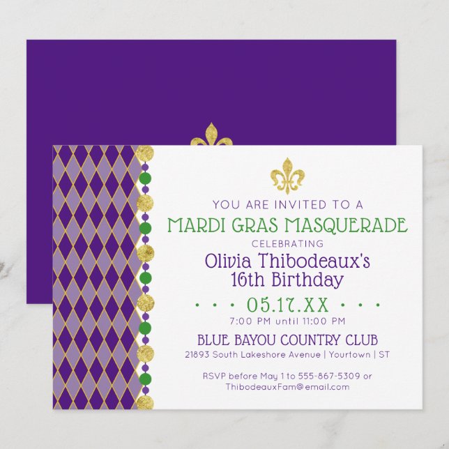 Invitation Mardi Gras | Masquerade Party (Devant / Derrière)