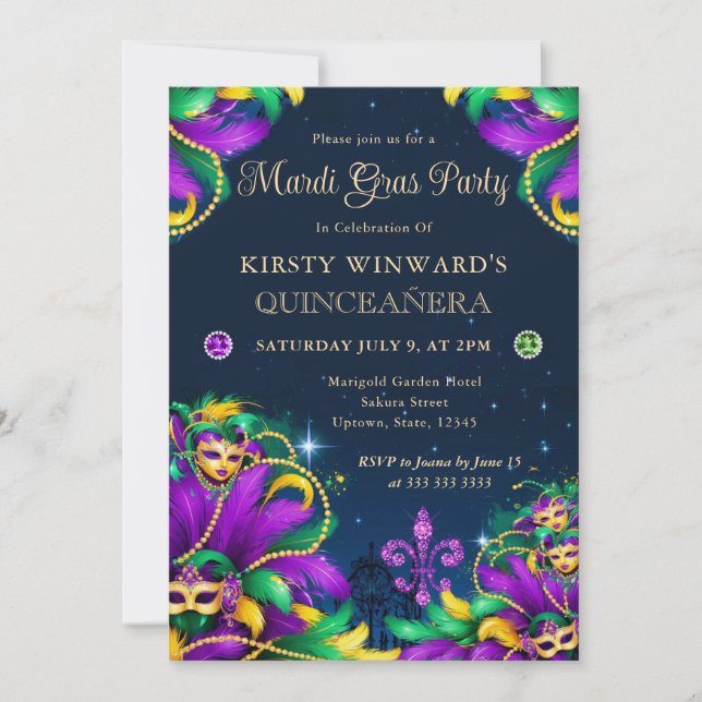 Invitation Mardi Gras Masquerade Quinceanera (Devant)