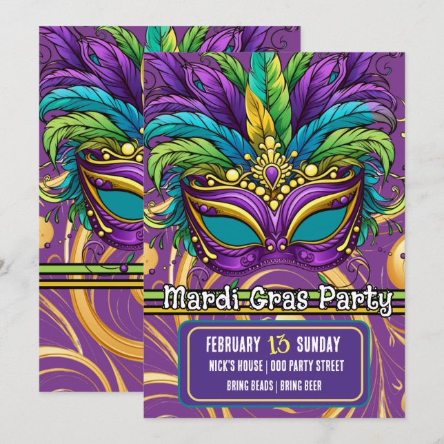 Invitation Mardi Gras Parade et Masque de fête (Devant / Derrière)