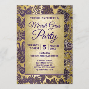 Invitation Mardi Gras Party Purple Faux Gold Mask