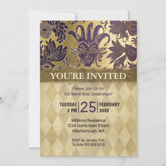 Invitation Mardi Gras Party Purple Faux Gold Mask Harlequin (Devant)