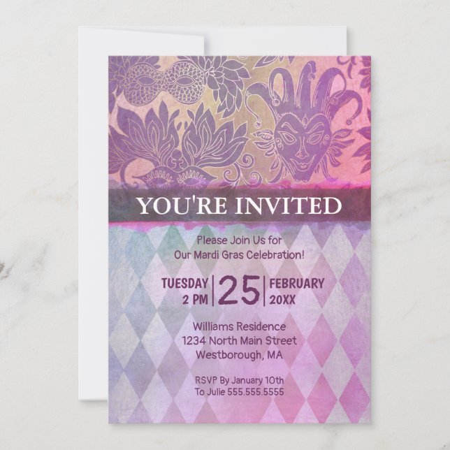 Invitation Mardi Gras Party Purple Gold Mask Arlequin (Devant)