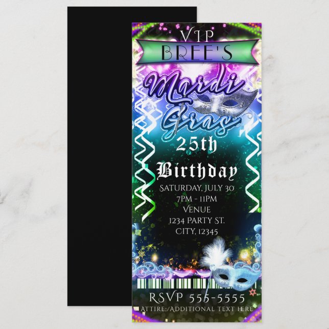 Invitation Mardi Gras Rainbow Llow VIP Anniversaire de fête (Devant / Derrière)